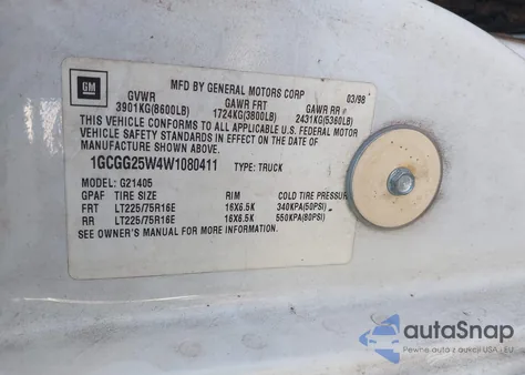 1998 Chevrolet Chevy Van G2500 из США, поврежденный, VIN 1GCGG25W4W1080411